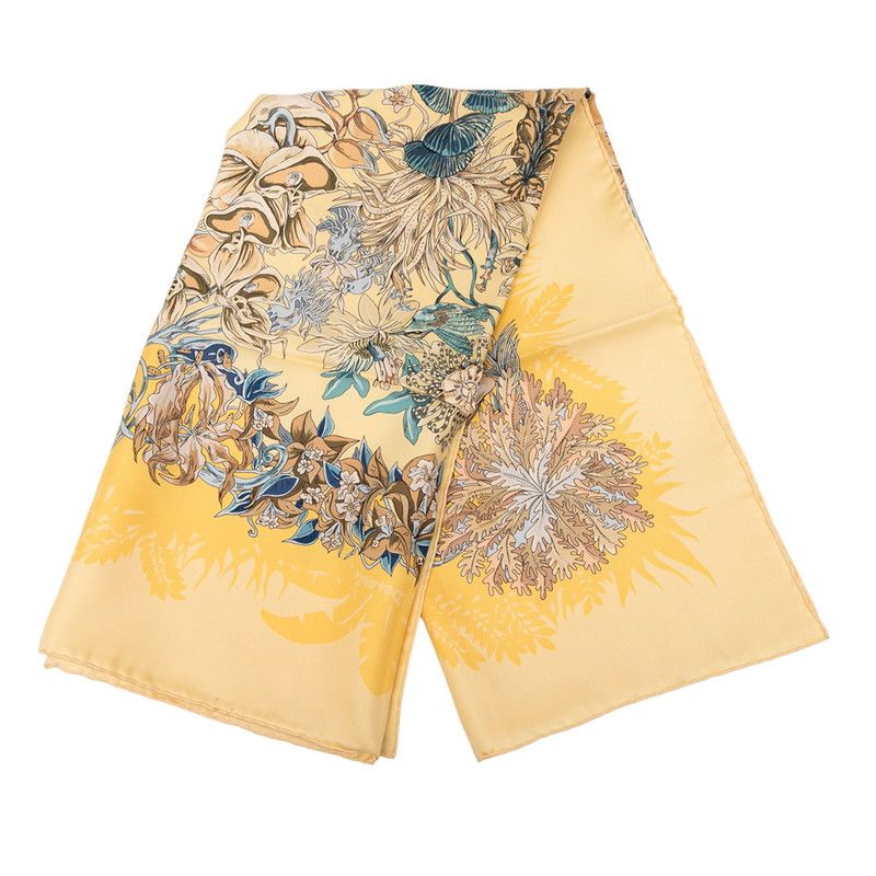 エルメス カレ90 L Ile Deserte 無人島 イエロー ブルー マルチ シルク レディース HERMES 1-0237907