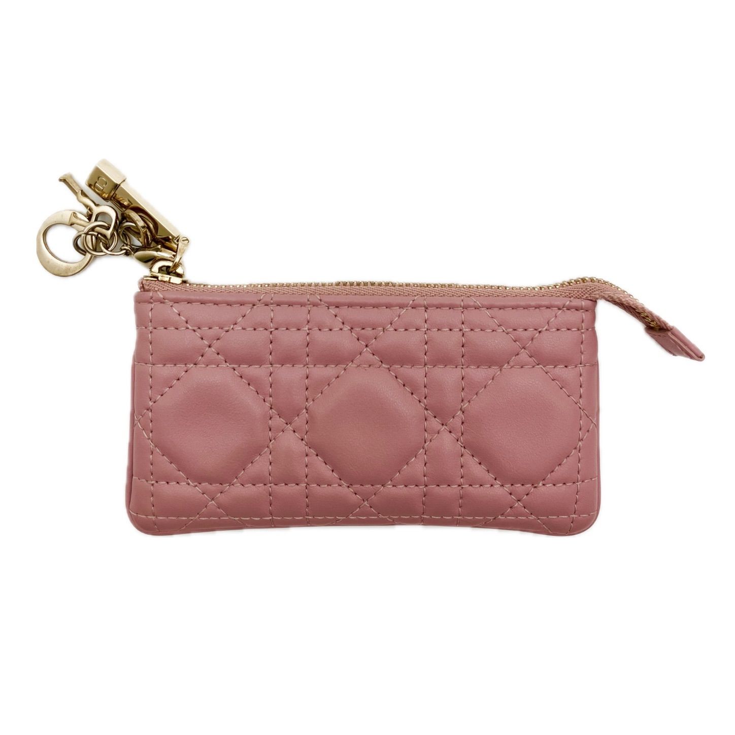 クリスチャンディオール Christian Dior レディディオール LADY DIOR キーケース コインケース カナージュ刺繍 ピンク系 ゴールド金具 ロゴチャーム レザー レディース ブランド小物