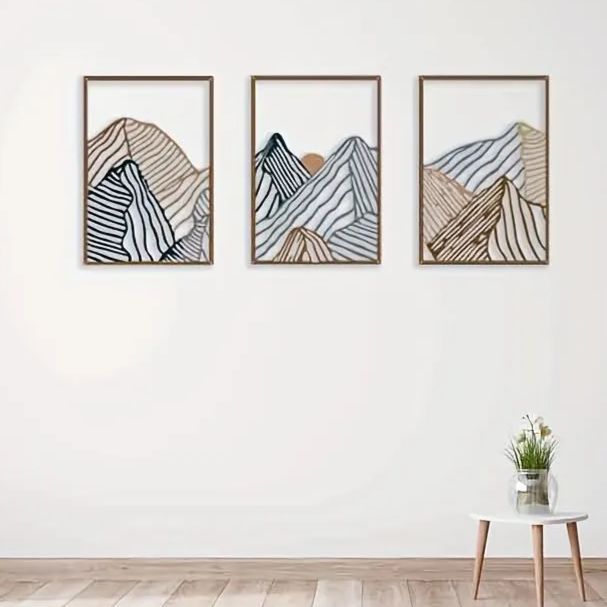 アート ウォールアート 3個セット ミニマリスト山の風景メタルウォールアート 正方形中空パネル モダン 家の装飾 リビングルーム 寝室 オフィス サンセット 芸術的な吊り下げ装飾 部屋の装飾 ブラック ゴールド ブラウン