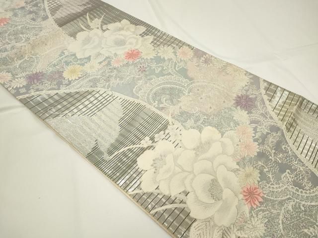 平和屋着物◎六通柄袋帯 唐織 澄葵花苑文 銀糸 鈴乃屋扱い 正絹 逸品