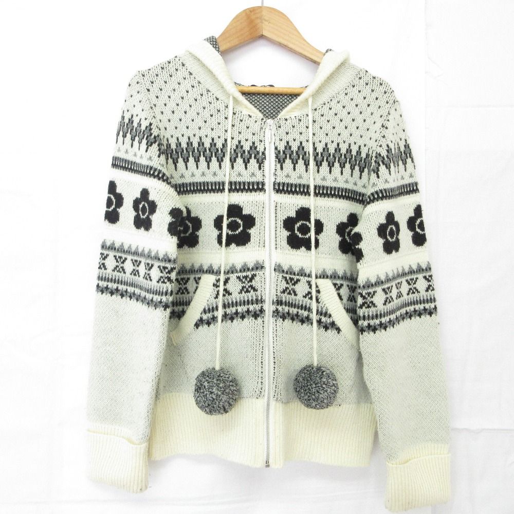 MARY QUANT マリークワント デイジー ノルディック柄 ポンポン ニット パーカー フーディー ジャケット 38 ホワイト レディース 古着