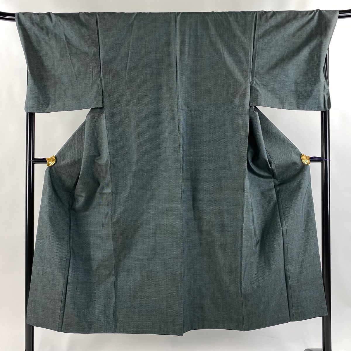 男着物 身丈146cm 裄丈72cm M 袷 アンサンブル 大島紬地 証紙 亀甲絣 深緑 正絹 秀品