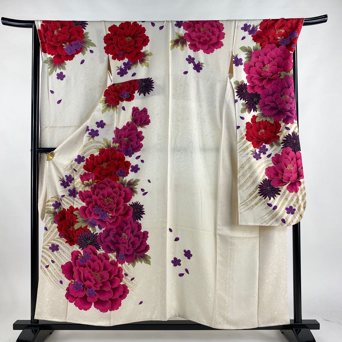 振袖 身丈156.5cm 裄丈67.5cm L 袷 牡丹 桜 銀通し 金彩 ベージュ 正絹