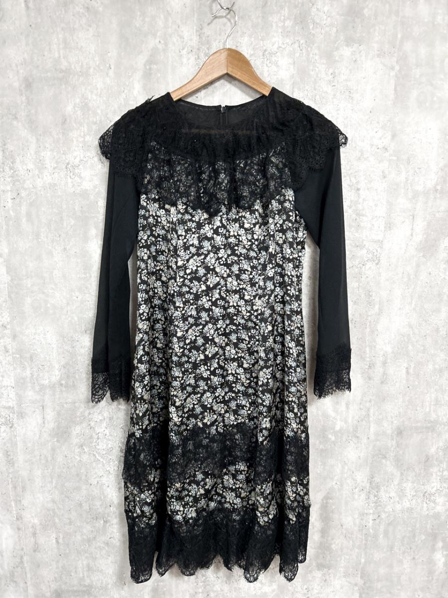 ジン カトー ZIN KATO シアー 花柄 レース Iライン ワンピース sizeS|黒ｘ水色 ◆◎レディース