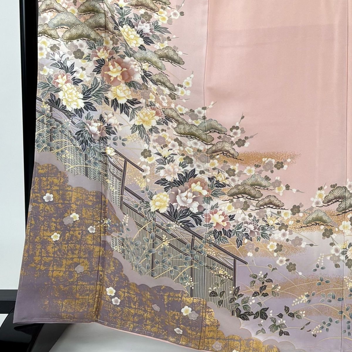 訪問着 身丈166cm 裄丈67cm M 袷 牡丹 松 金彩 ぼかし ピンク 正絹 秀品