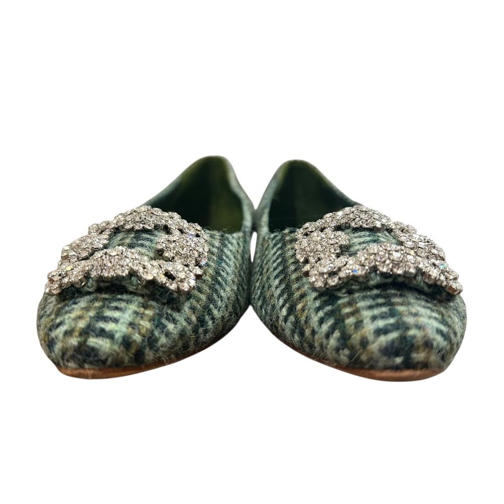 MANOLO BLAHNIK マノロブラニク ハンギシ ツイード フラット パンプス 39 1 2 26.5cm グリーン系 レディース 古着