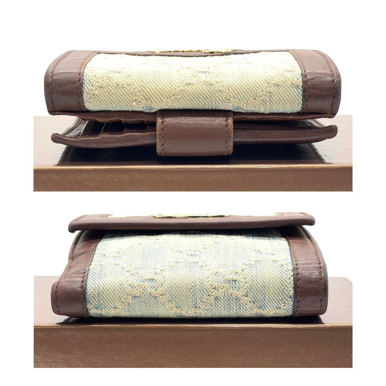 お見逃しなく！ ノスタルジックな艶めき GUCCI グッチ 二つ折り財布 GGデニム 筆記体ロゴ Wホック Y2K レザー×キャンバス ブルー ブラウン シンプルで機能的