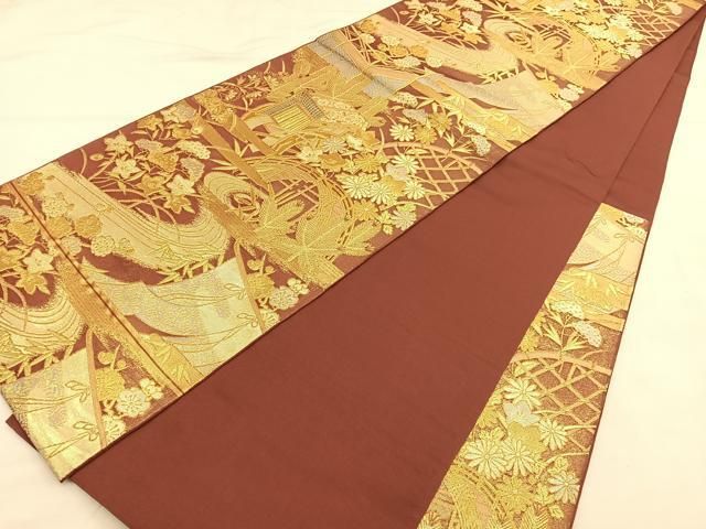 平和屋着物●西陣　川島織物　六通柄　本袋帯　渡橋御所車花文　金銀糸　正絹　逸品　BAAU1863hv 平和屋着物○西陣 川島織物 六通柄 本袋帯 渡橋御所車花文 金銀糸 正絹