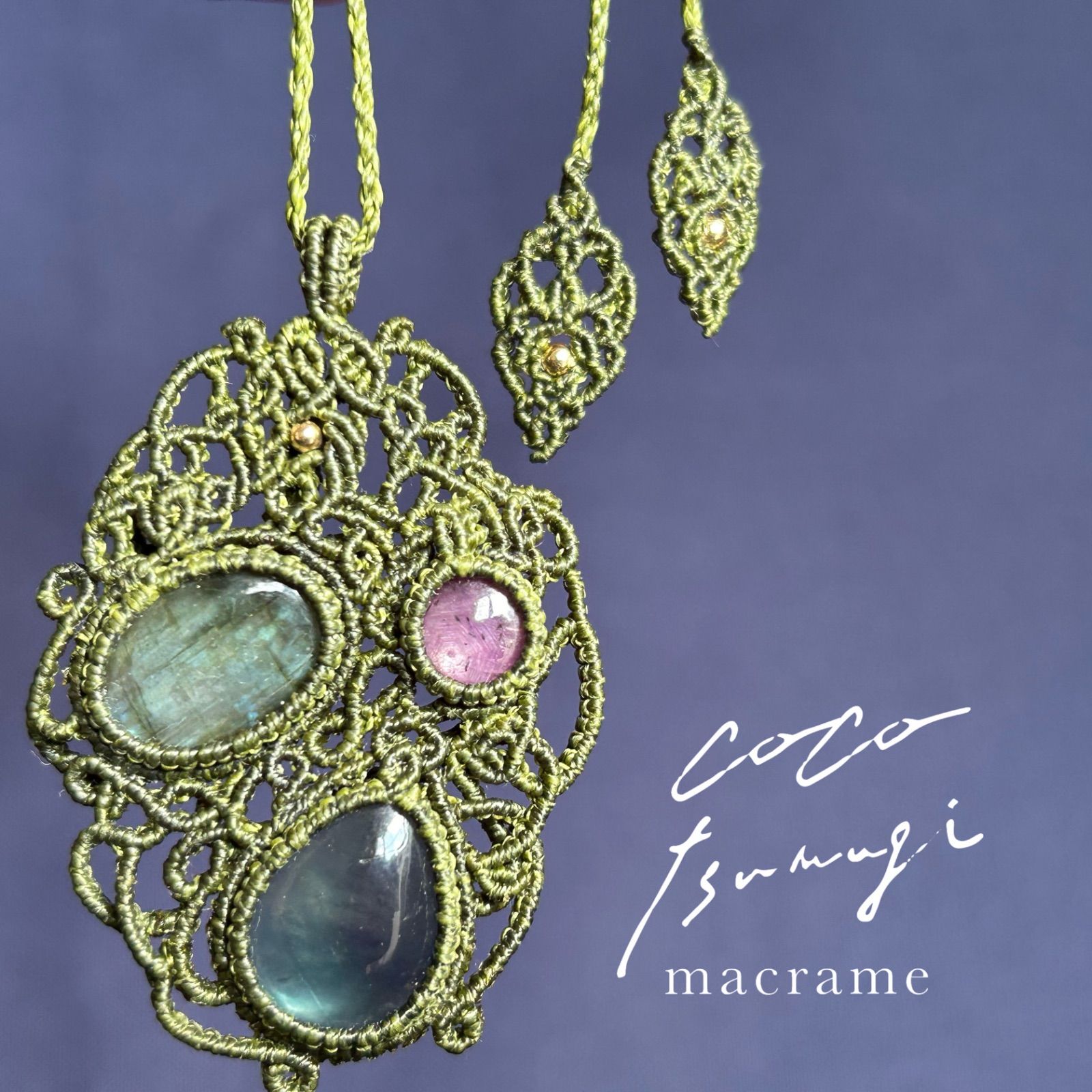 ルビー、フローライト、ラブラドライトのマクラメネックレス ストア