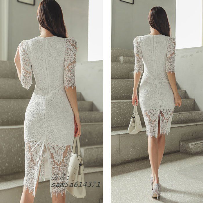 総シースルーレース刺繍 五分袖膝丈タイトワンピース