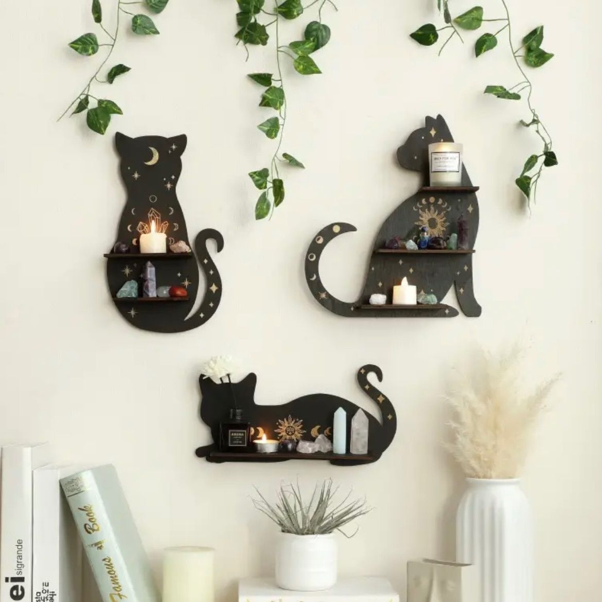 木製壁掛け飾り棚　猫絵柄ペイント　ウォールシェルフ　アメリカ製ビンテージ　ネコ 壁飾り 2匹のネコ 幅33×高さ78.5cm｜おしゃれなインテリアの輸入