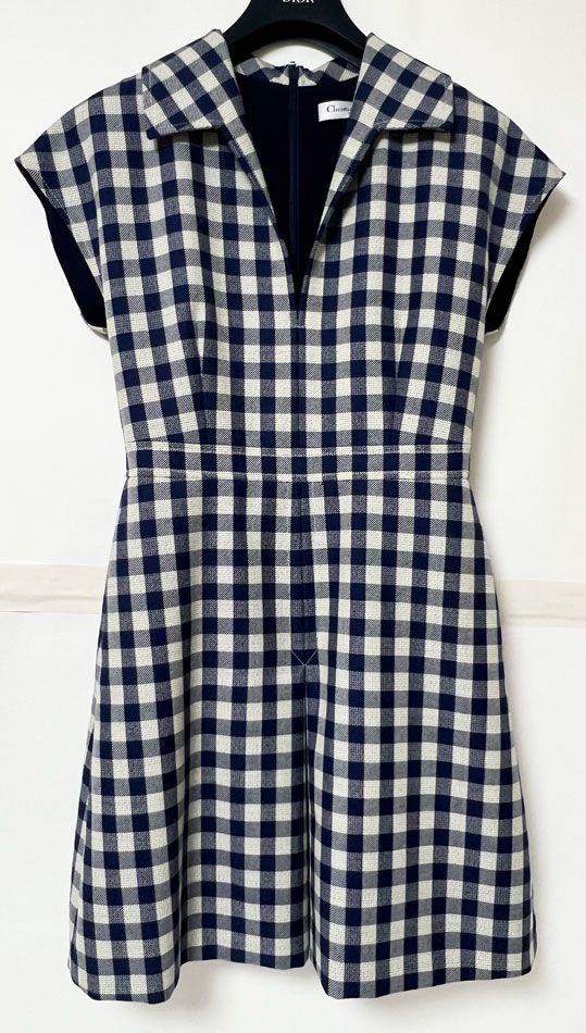 Christian Dior クリスチャン ディオール 襟付き ノースリーブ ワンピース チェック ネイビー ホワイト 20AW サイズ 36 051R09A1231