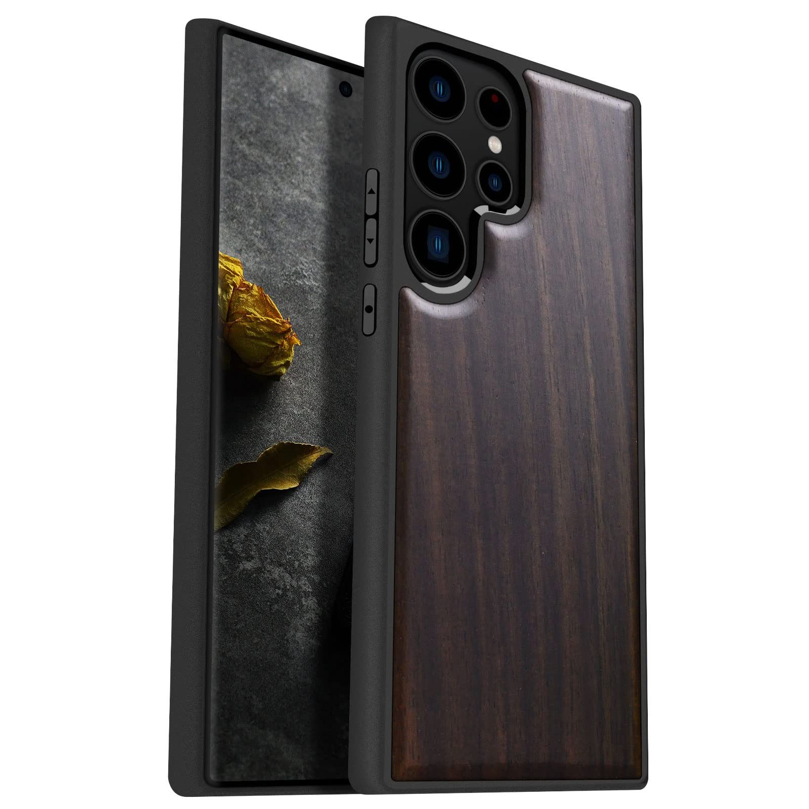 Carveit Galaxy S23 Ultraケース 2023年版用 木製ケース [天然木&ブラックソフトTPU] 耐衝撃保護カバー ユニークで上品な木製ケース Samsung S23 Ultra対応 (ブラックウッド) [ダークウッド]