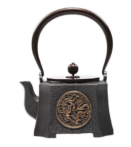 高品質 手作り 竜と鳳凰 四角い 鉄びん 鋳鉄製の壷 コーティングなし ティーポット やかんを沸かす お茶の道具 1200ml 鉄壷