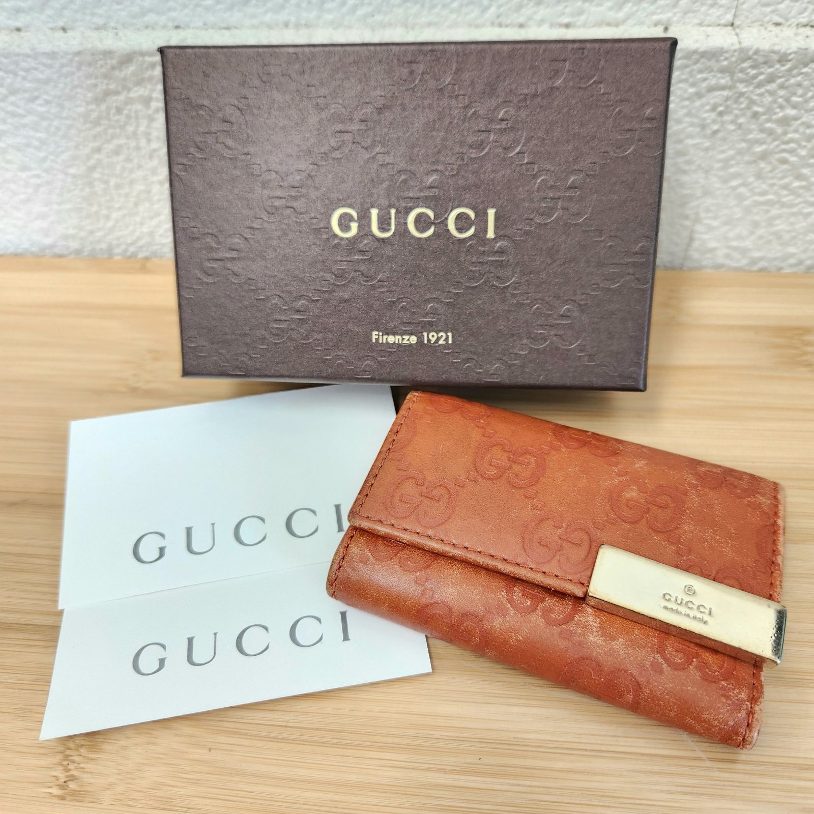 中古】GUCCI キーケース GGロゴ ６連 オレンジ 箱 直営ショップカード 