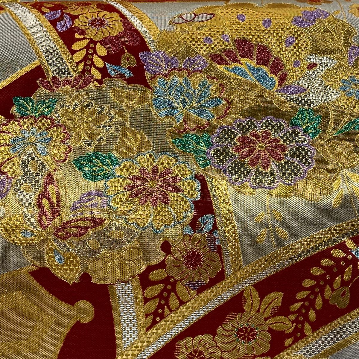 袋帯 秀品 雪輪 草花 金糸 箔 灰色 六通 正絹 【中古】 - メルカリ