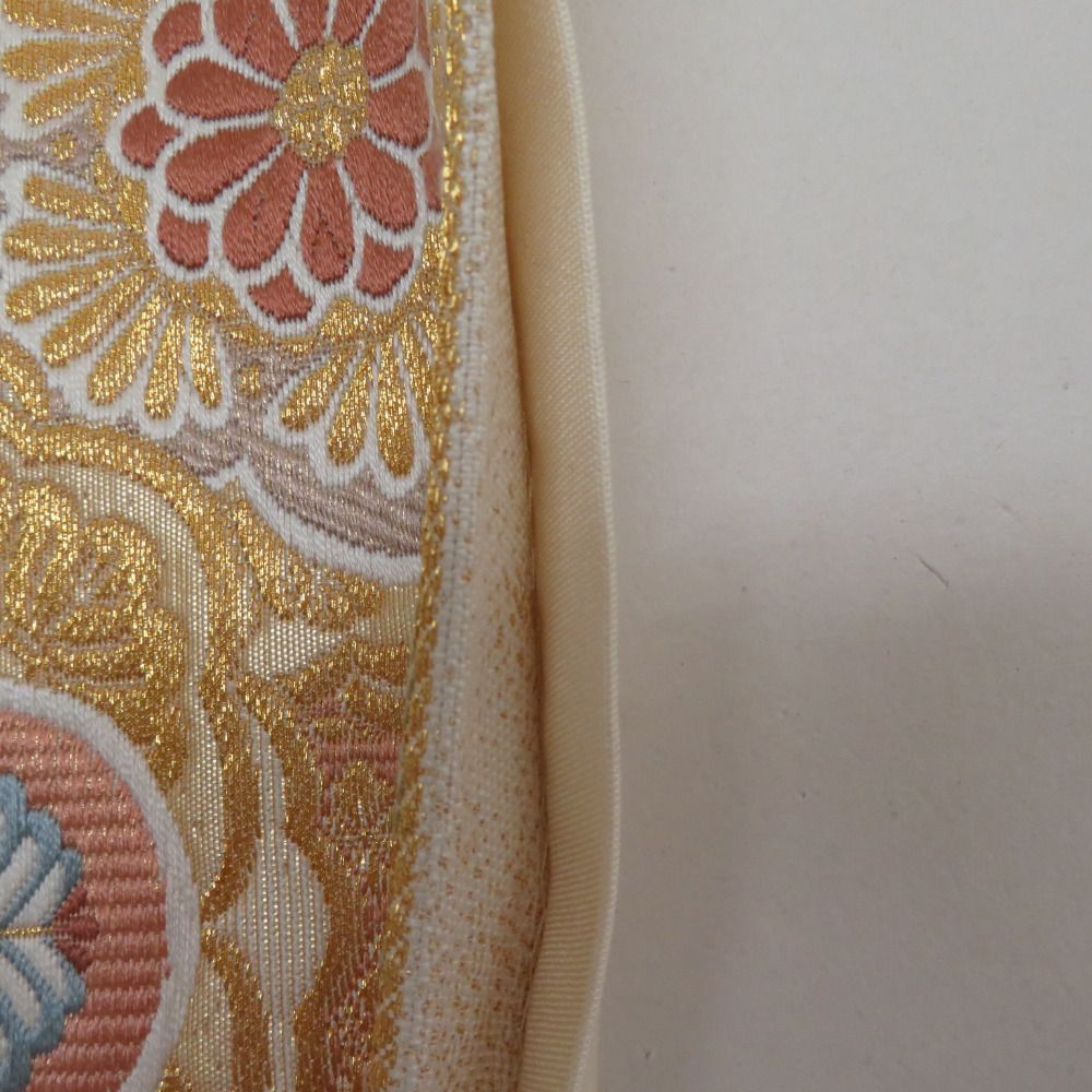 袋帯 織彩吉祥錦 吉祥模様 六通柄 クリーム色x金色x多色 パステル系