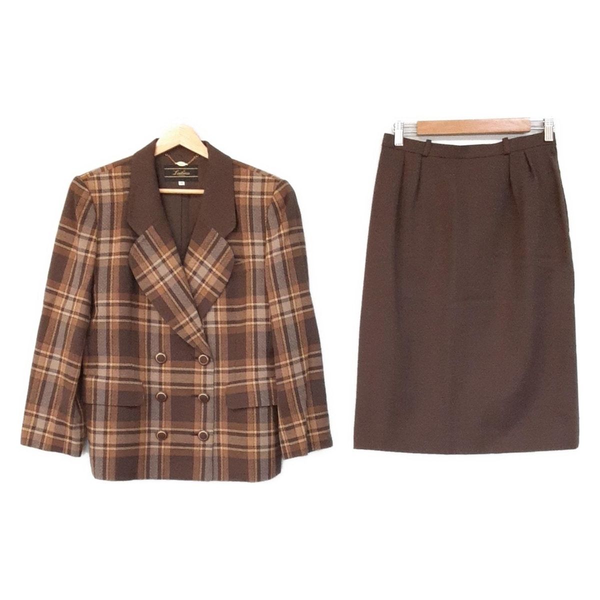 Leilian レリアン スカートスーツ レディース - ブラウン×ベージュ×ライトブルー チェック柄