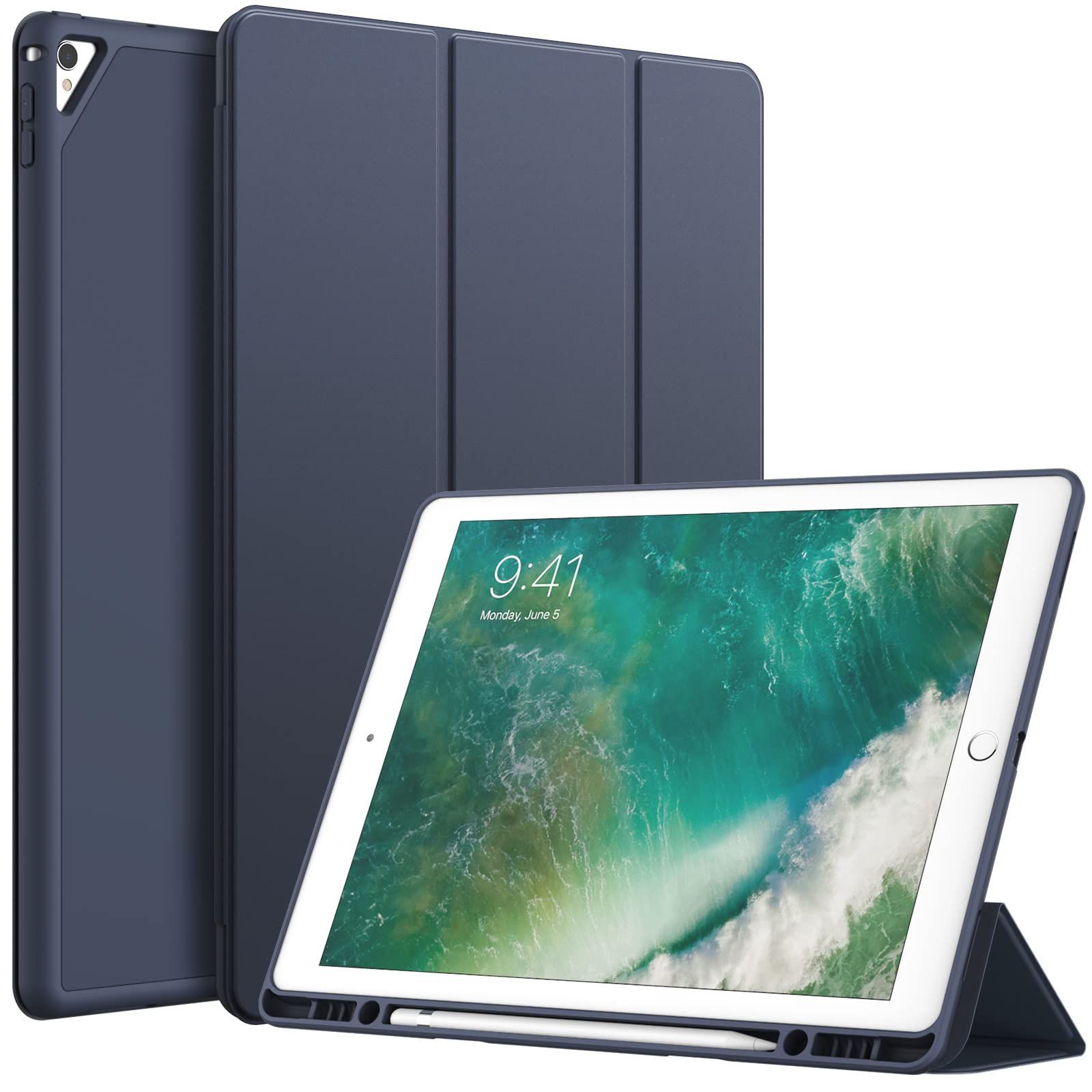 JEDirect iPad Pro 12.9 ケース 2015/2017 第1/2世代用Pencilホルダー付き ペンシル ソフトTPUバック スリム保護カバー オートウェイクアップ/スリープ機能付き (紺)