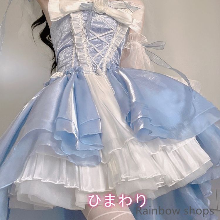 青いトレーン付きドレス ロリータファッション