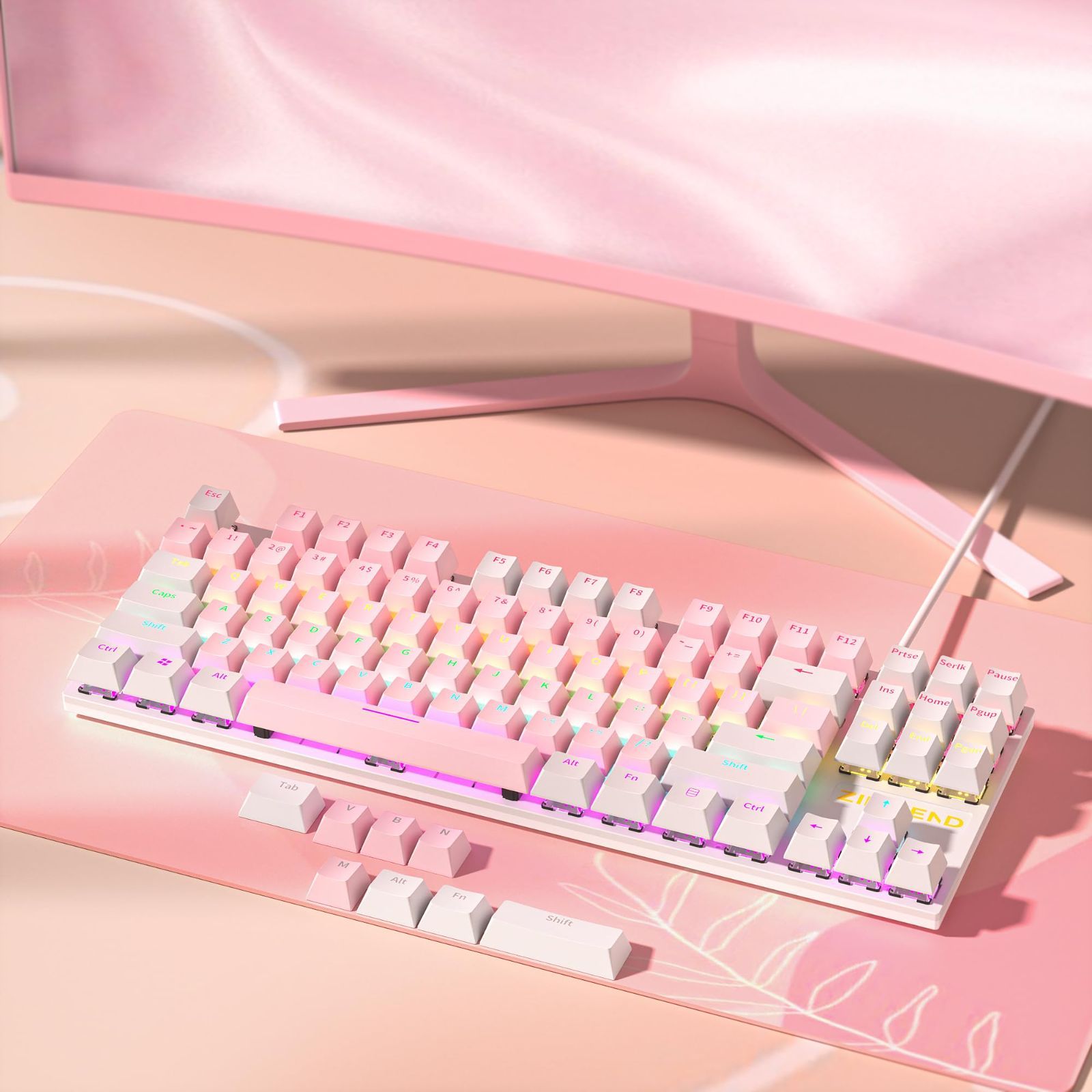 Lofree メカニカル キーボード　ロフリー　ピンク　可愛いオシャレ　青軸 人気商品】ピンクと白色 可愛い キーボード メカニカル 有線