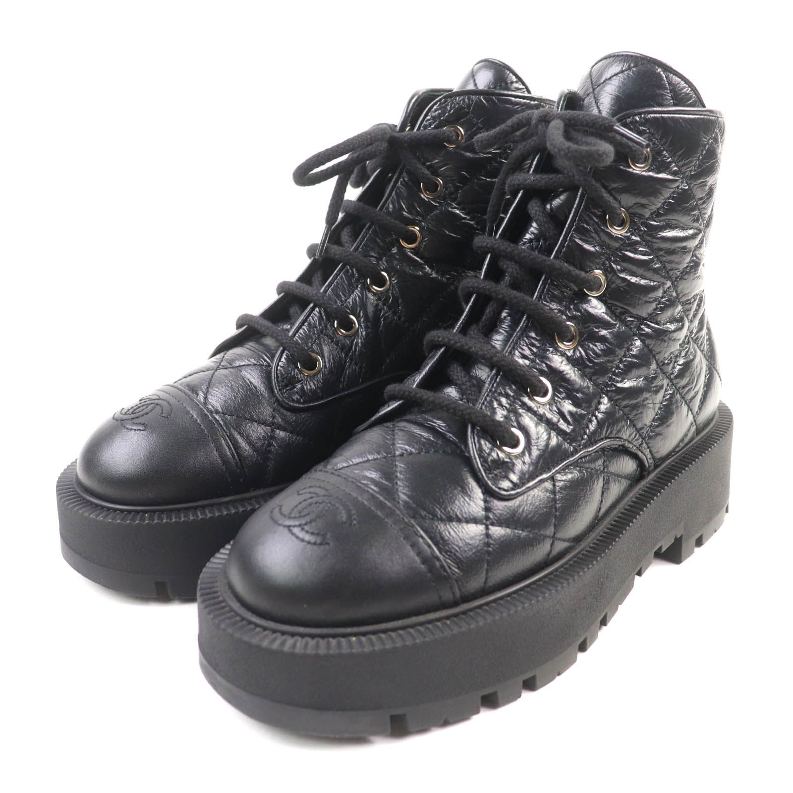 CHANEL シャネル AW 24A G45833 ココマーク マトラッセ レースアップ レザー コンバットブーツ ブラック 38 保存袋付き イタリア製 レディース