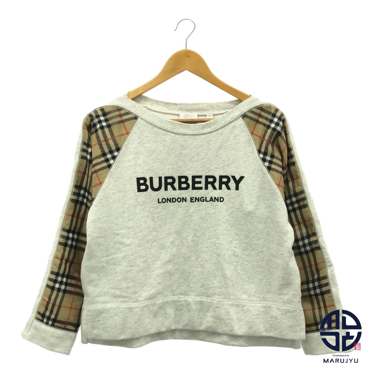 BURBERRY - BURBERRY バーバリー チェックスリーブ ロゴ グレー スウェット トレーナー トップス ブランド キッズ 子供服 サイズ12Y 152cm アパレル BURBERRY バーバリー チェックスリーブ ロゴ グレー スウェット