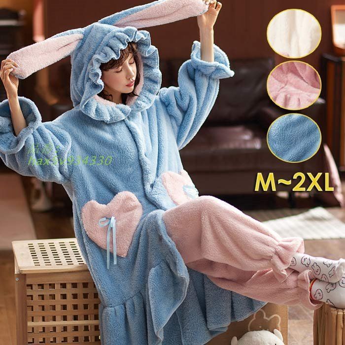 レディース 冬 ルームウェア ナイトガウン ズボン 上下セット うさ耳 パジャマ フード付き ウサギ 部屋着 もこもこ あったか hax5v934330