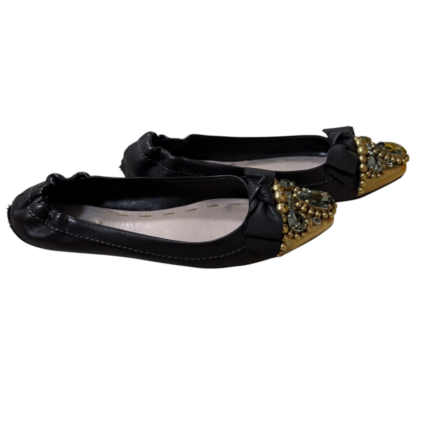 Z1563MIU MIU ミュウミュウ バレエシューズ ビジュー リボン ブラック