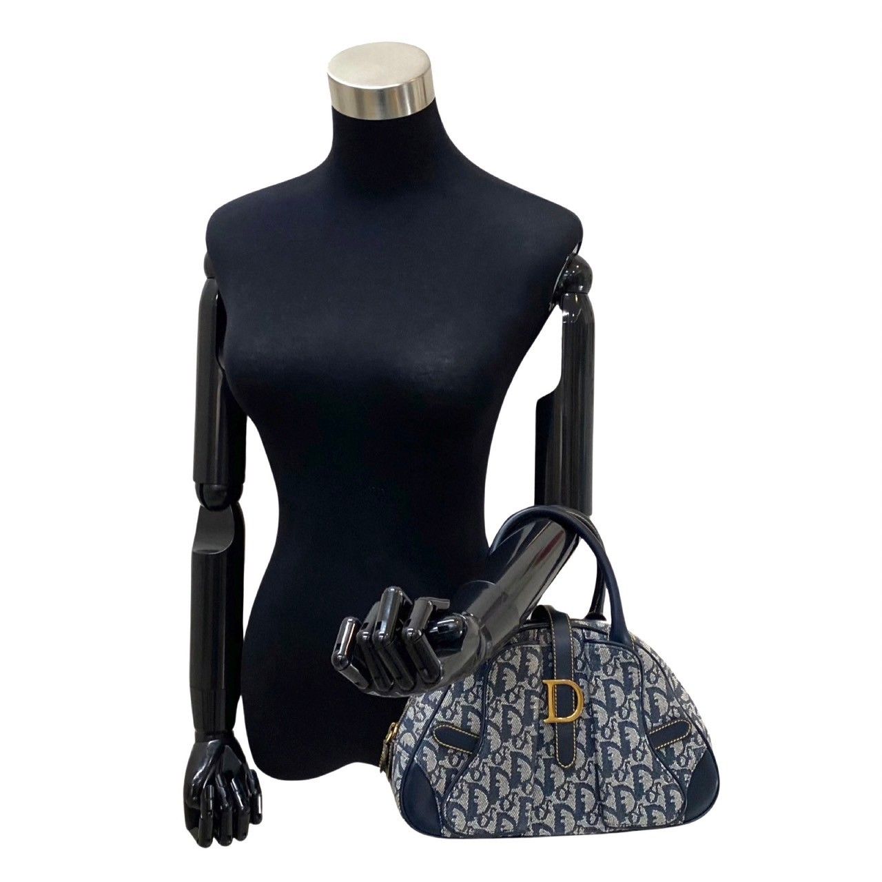極美品 Christian Dior ディオール ダブルサドル トロッター ロゴ レザー 本革 キャンバス ハンドバッグ ミニ トートバッグ ネイビー 28090