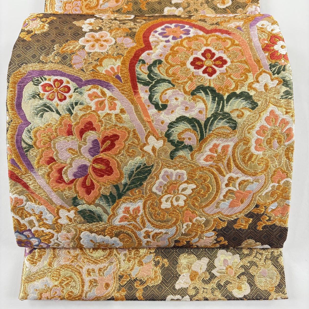 正絹　六通袋帯　やまと【麻の葉　花々】No2829 正絹 六通袋帯 やまと【麻の葉 花々】No2829 着物・浴衣
