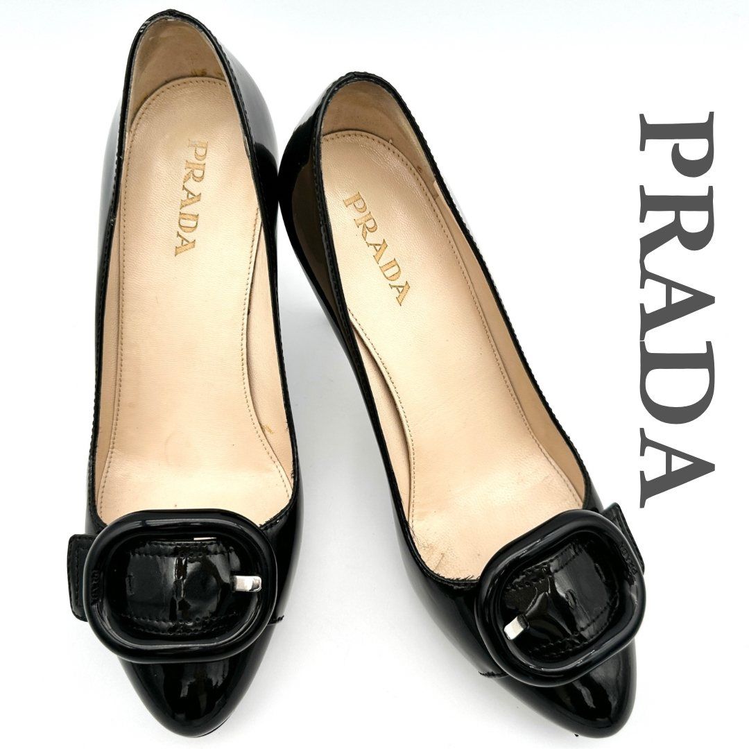 PRADA ハイヒール エナメル ベルト バックル ビムラムソール ブラック 2249T