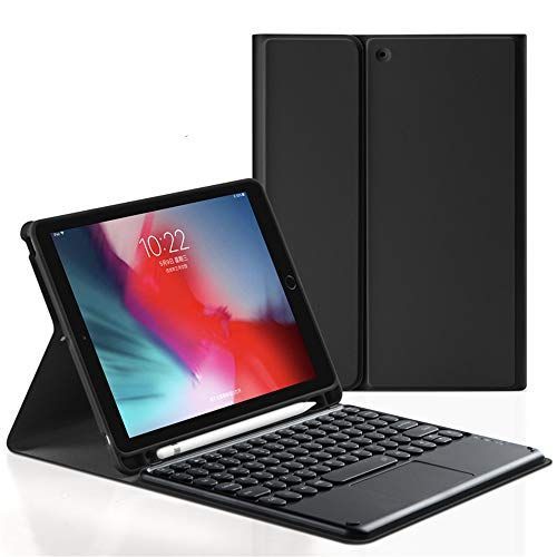 iPadAir/Air2/iPad5/iPad6_ブラック タッチパッド付き iPad Air Air2 iPad5 iPad6 キーボード ケース 第6世代 第5世代 分離式 アイパッド9.7インチカバー キーボード付き 丸いキー カラフル ペンホルダー内蔵