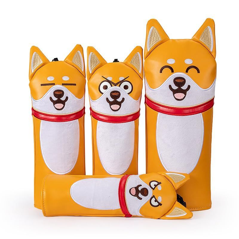 Color:秋田犬笑い犬 ゴルフヘッドカバー ドライバー 1点 ウッド FW 2点 ユーティリティ UT用 1点 防水 変換ダグ 4点 セット 秋田犬 ブルドッグ 笑い犬 (秋田犬笑い犬)