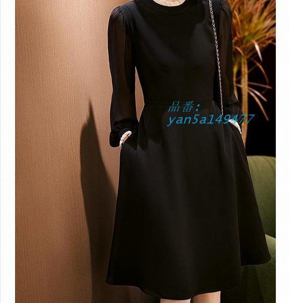 エレガンス上品大人ワンピース ひざ下丈 フリル Aライン ブラックワンピース セレモニー 七分袖 改まった席に 20代30代40代50代60代ほっそり効果大 yan5a149477