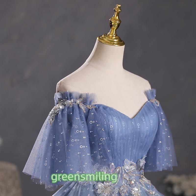 ドレス 編み上げ ブルー ベルスリーブ ロングドレス 結婚式 二次会 発表会 演奏会 ウェディングドレス ウエディングドレス 花嫁 前撮WP数量 価格926