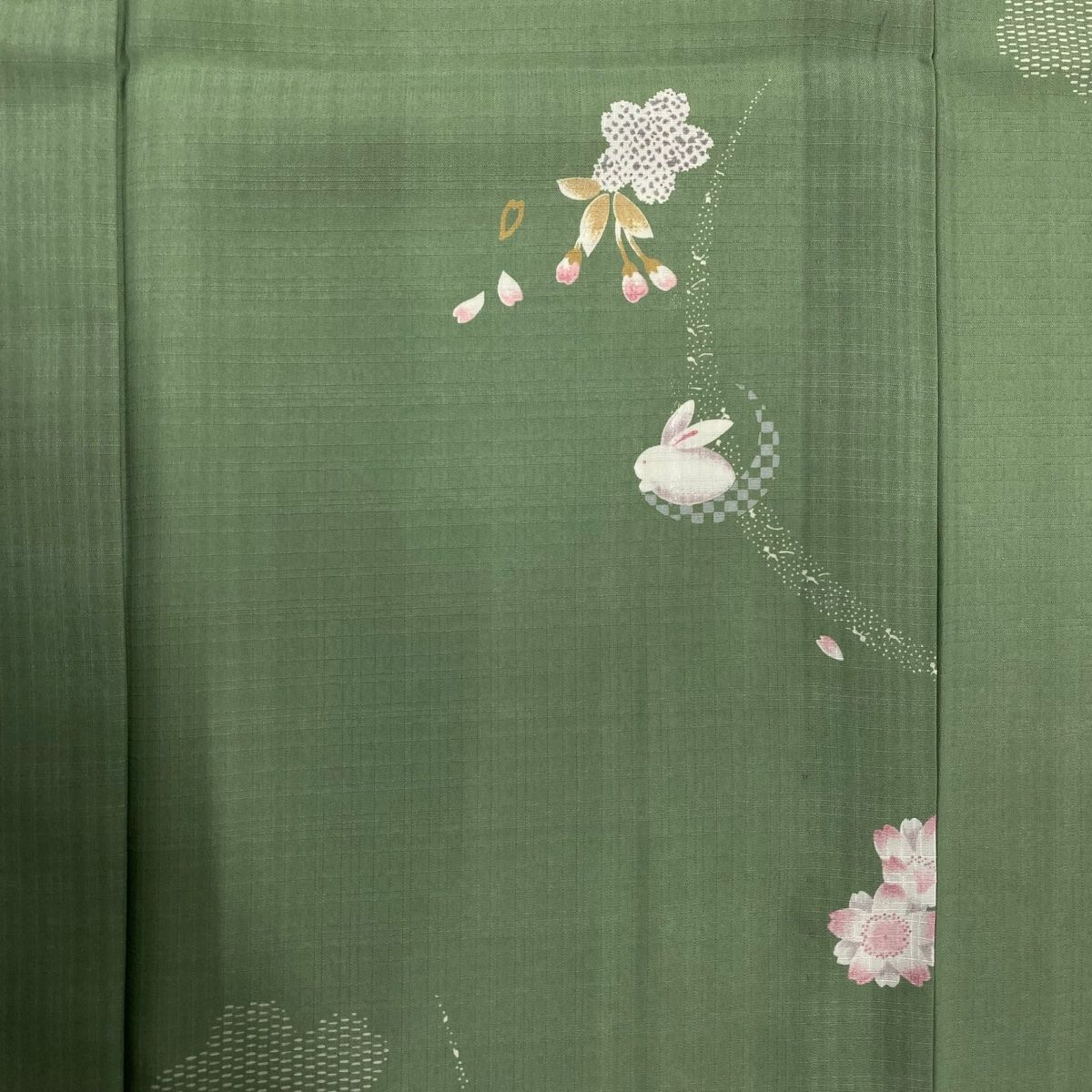 小紋 身丈165cm 裄丈67cm M 薄物 洗える着物 うさぎ 桜 よもぎ色 化繊  