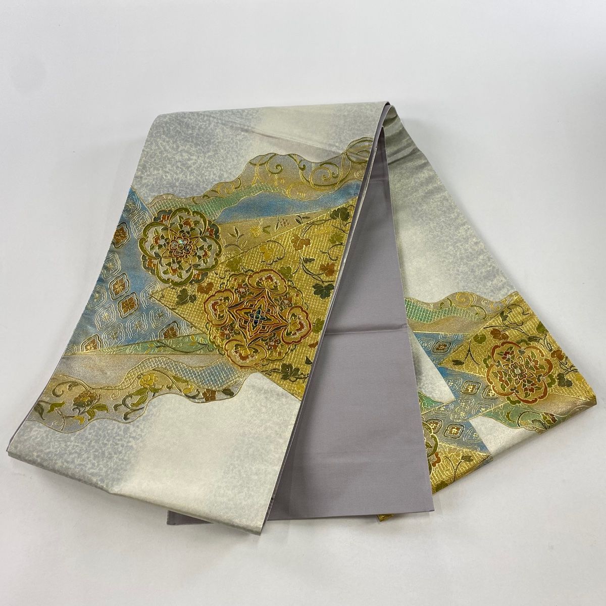 袋帯 美品 名品 華文 草花 螺鈿 金彩 青灰色 お太鼓柄 正絹 【中古】