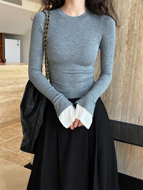 ニットトップス 気質 大人気 スリム ホーンスリーブ Tシャツ (T)