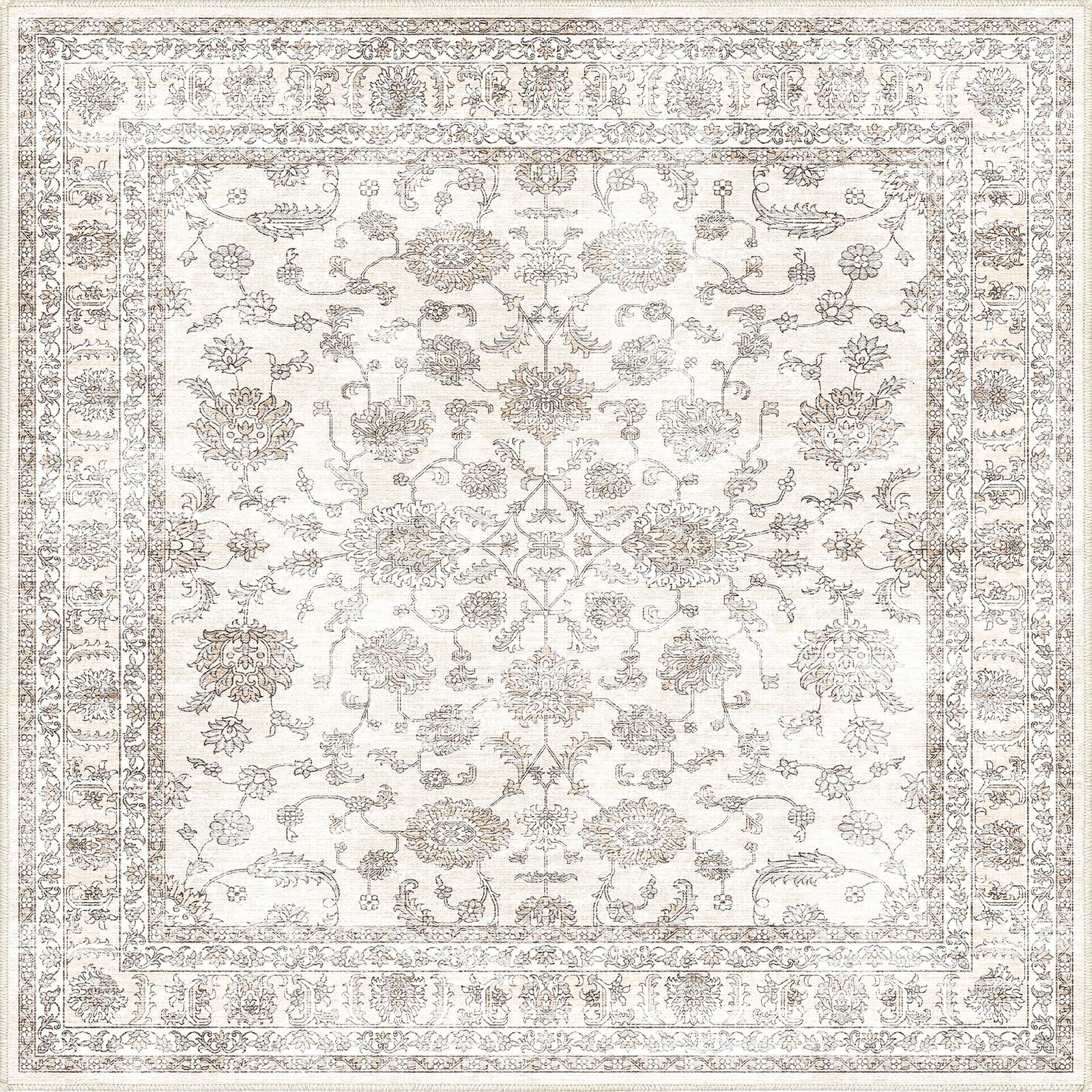 Phonzenuo 洗える ペルシャ風ラグマット 190×190cm 2畳 正方形 滑り止め付き ウォッシャブル 軽量 花柄 キャメル ダイニング リビング ベッドサイド用 年中使える