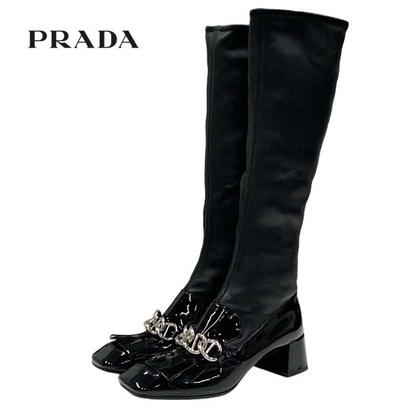 プラダ PRADA ブーツ ロングブーツ 靴 シューズ チェーン フリンジ レザー パテント ブラック 黒 - メルカリ