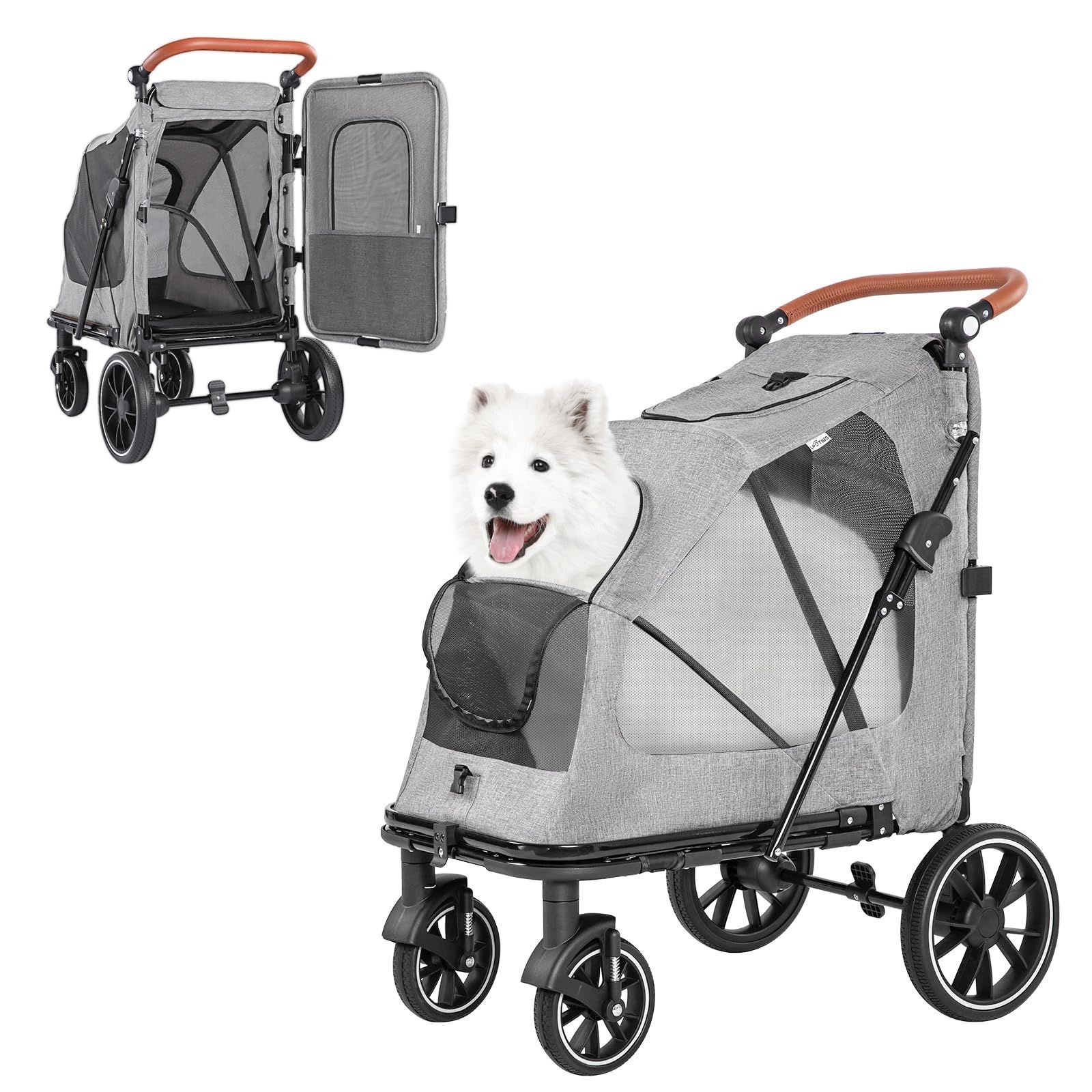 耐荷重50KG 扉付き 出入りラクラク 折りたたみ式 ペットバギー ワンタッチ 4輪 前輪360°回転 ドッグカート 後輪ブレーキ付き 多頭用 犬用ベビーカー お出かけ 中型犬 散歩 大型犬 通院 老犬介護用 ペットカート カート LPOTIUS 組み立て簡単