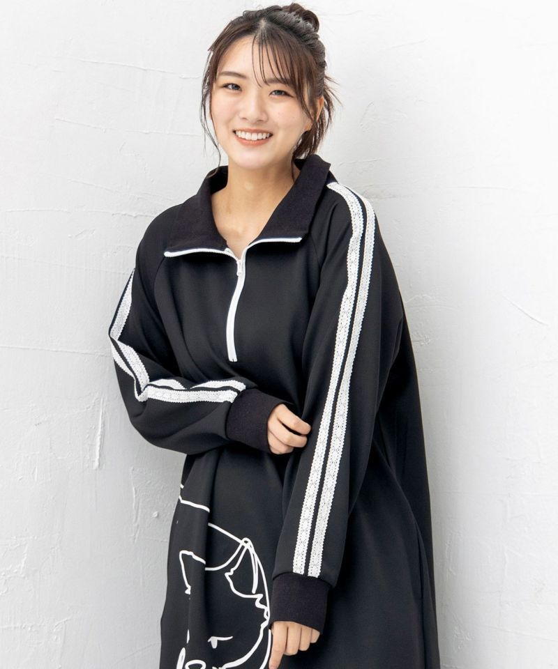 ねお スカラー143693：ネコラバープリント ラインジャージワンピース