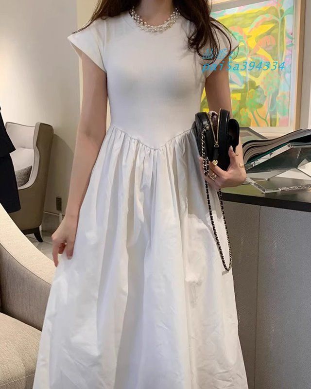 切り替えワンピース ロング ワンピース 春 カジュアル レディース ワンピース フレンチスリーブ ドッキングワンピース ラウンドネック 半袖 シンプル 無地 夏 pai5a394334