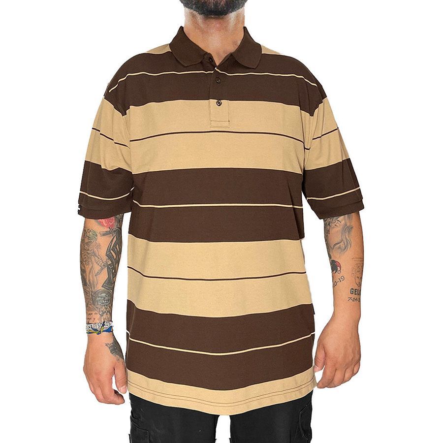 M TOWN PIQUE POLO SHIRTS BROWN×KHAKI メンズ 大きいサイズ 服 ポロシャツ 半袖 ショートスリーブ ボーダー 西海岸 チカーノ ウェッサイ ローライダー ロサンゼルス LOS ANGELES