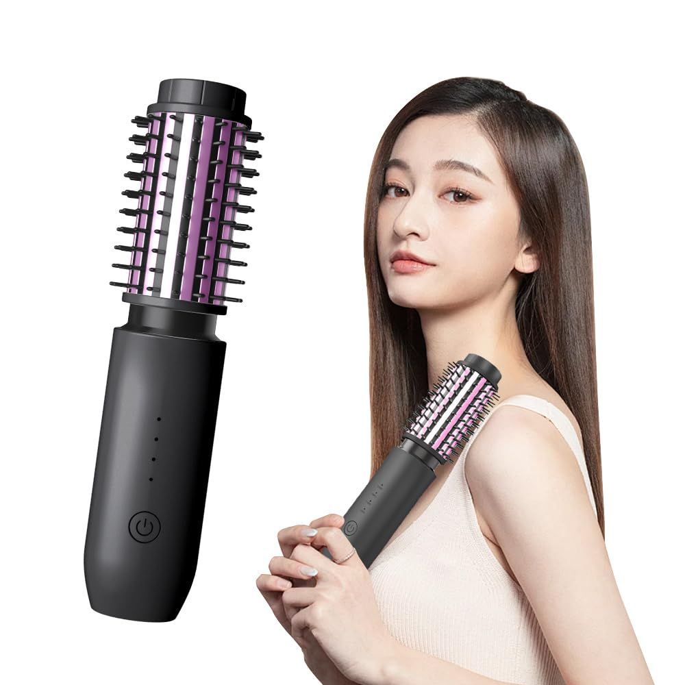 Type-C充電式 4段階温度調整 ストレート＆カール両用 150~210 ミニアイロンブラシ マイナスイオン 火傷防止 40mm 静電気防止設計 カーリングアイロン 軽量 ロールブラシアイロン 持ち運び便利 ブ
