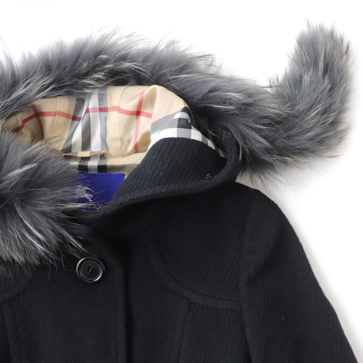 美品 バーバリーブルーレーベル タヌキファー フード付 ウールコート