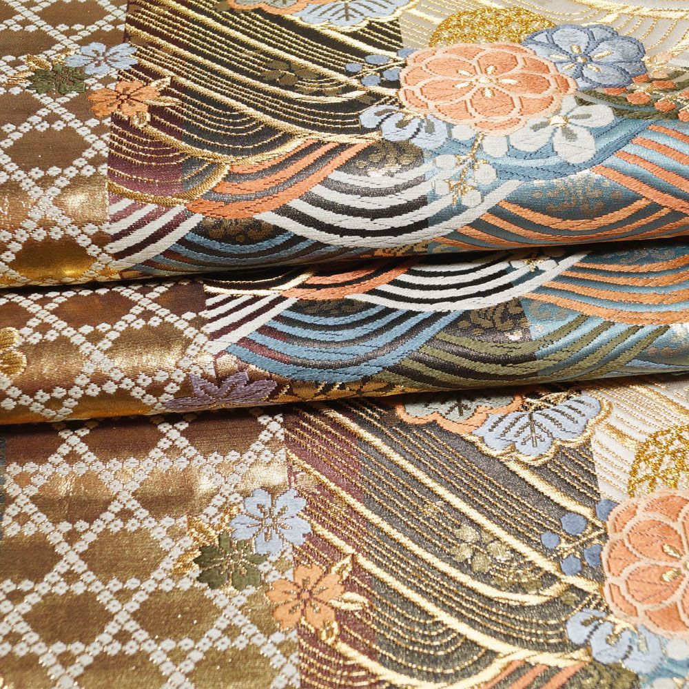 袋帯 間道に花籠、波頭模様 振袖用 金糸 金・葡萄・黒・真朱・浅 袋帯 間道に花籠、波頭模様 振袖用 金糸 金・葡萄・黒・真朱・浅