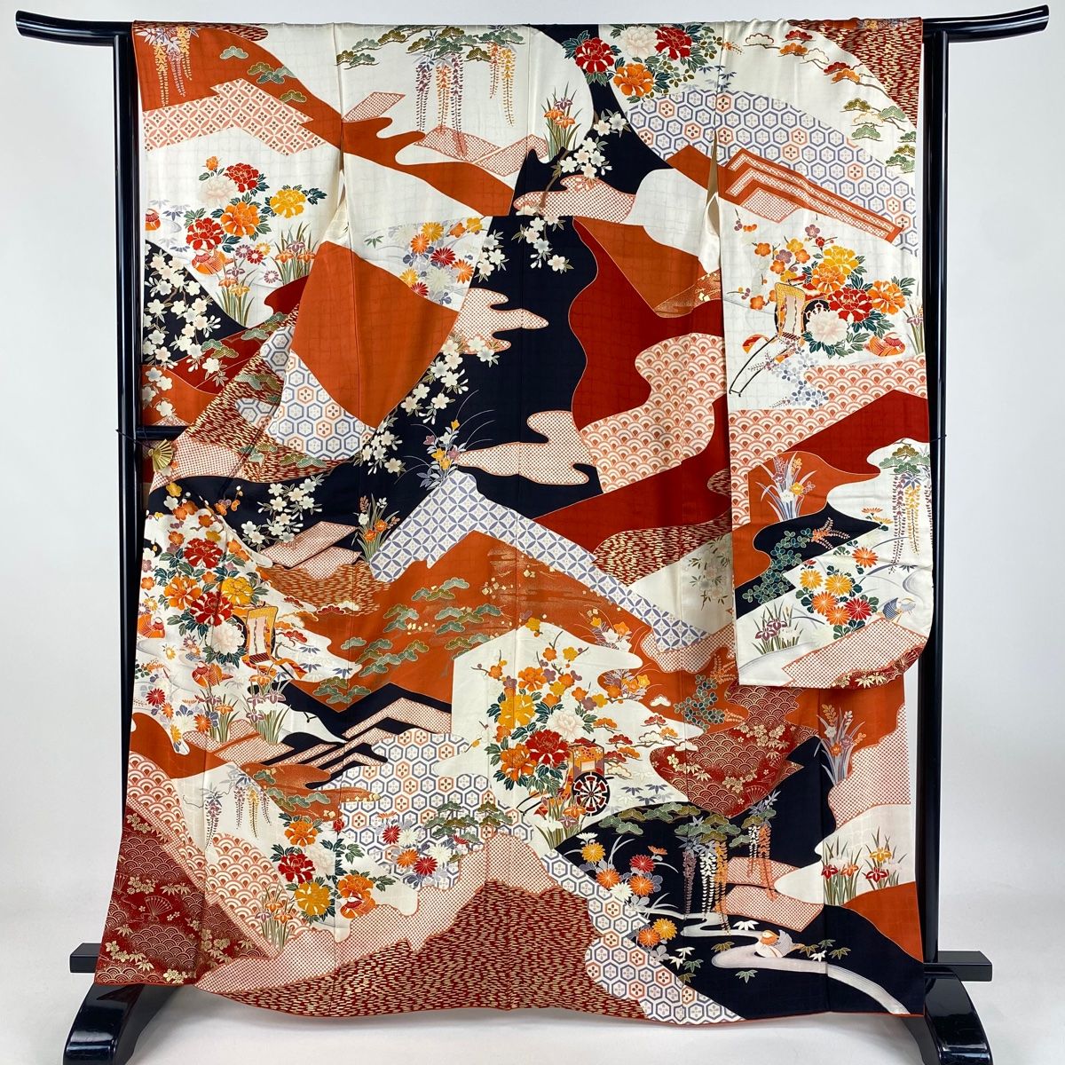 振袖 身丈164cm 裄丈63cm S 袷 御所車 花鳥 金糸 金彩 クリーム 正絹 秀品