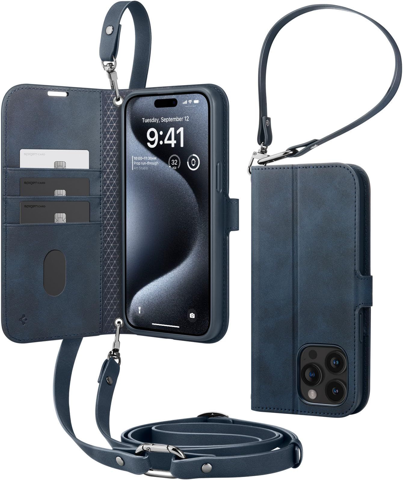 Spigen iPhone 15 Pro ケース 手帳型 耐衝撃 米軍MIL規格取得 ショルダー 手首 ストラップ付き 耐キズ 強化革 衝撃吸収 ウォレットS・プロ ACS06741 (ネイビー)